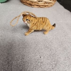 Hand Carved Wooden Tiger Tabby Cat Ornament with String